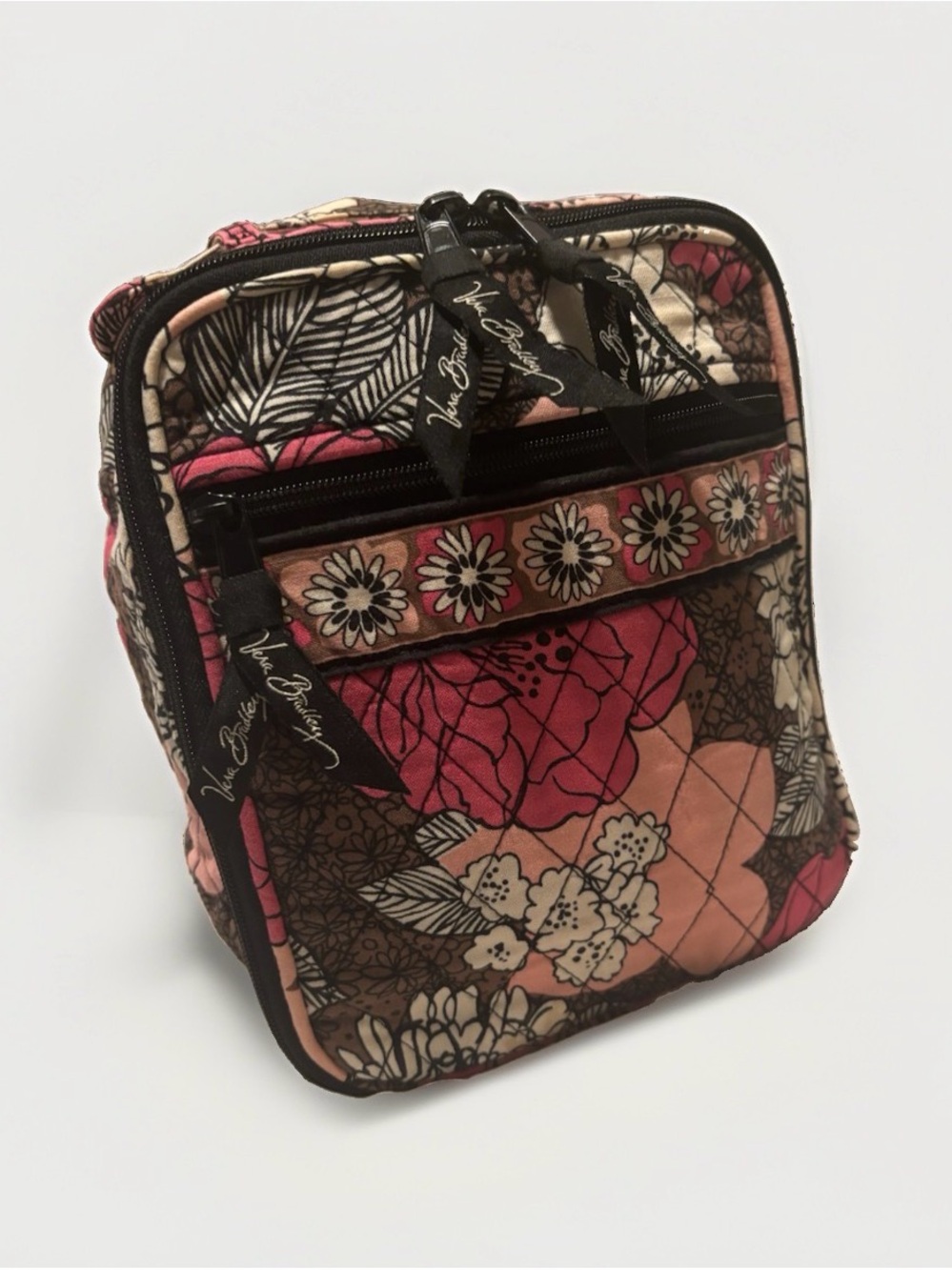 Vera Bradley Mocha Rouge Floral Insulated Lunch Bag Mesh Pocket Front Pocket Zip